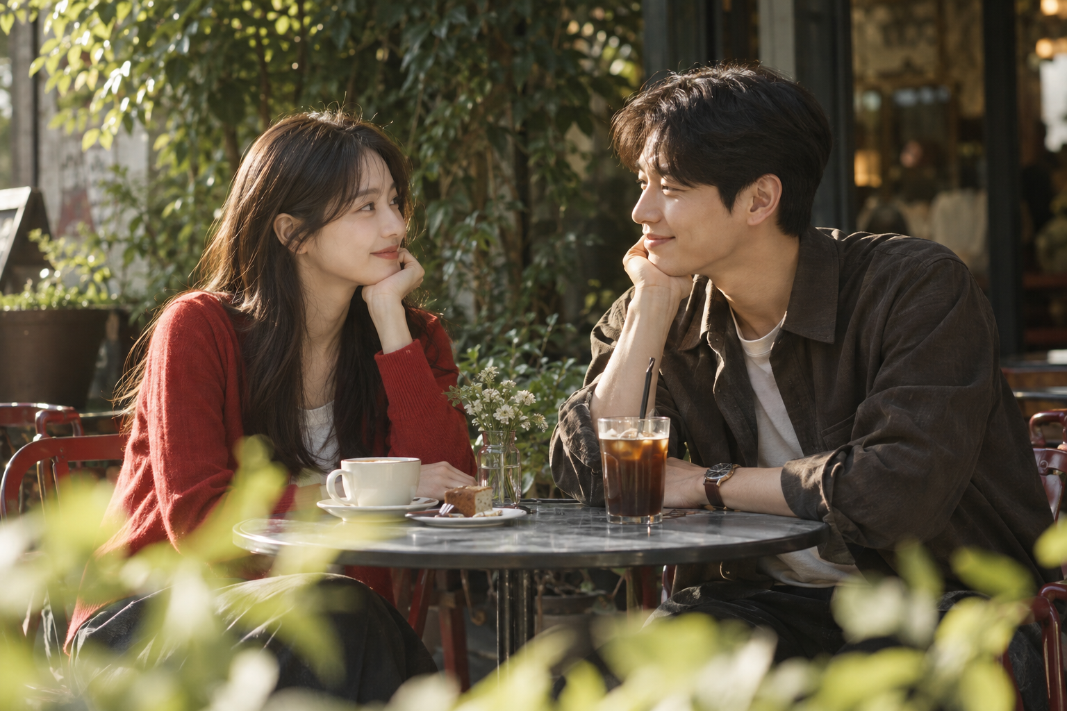 햇살이 드는 카페에서 마주 앉아 미소 짓는 두 사람 — 서비스 분위기를 표현한 이미지